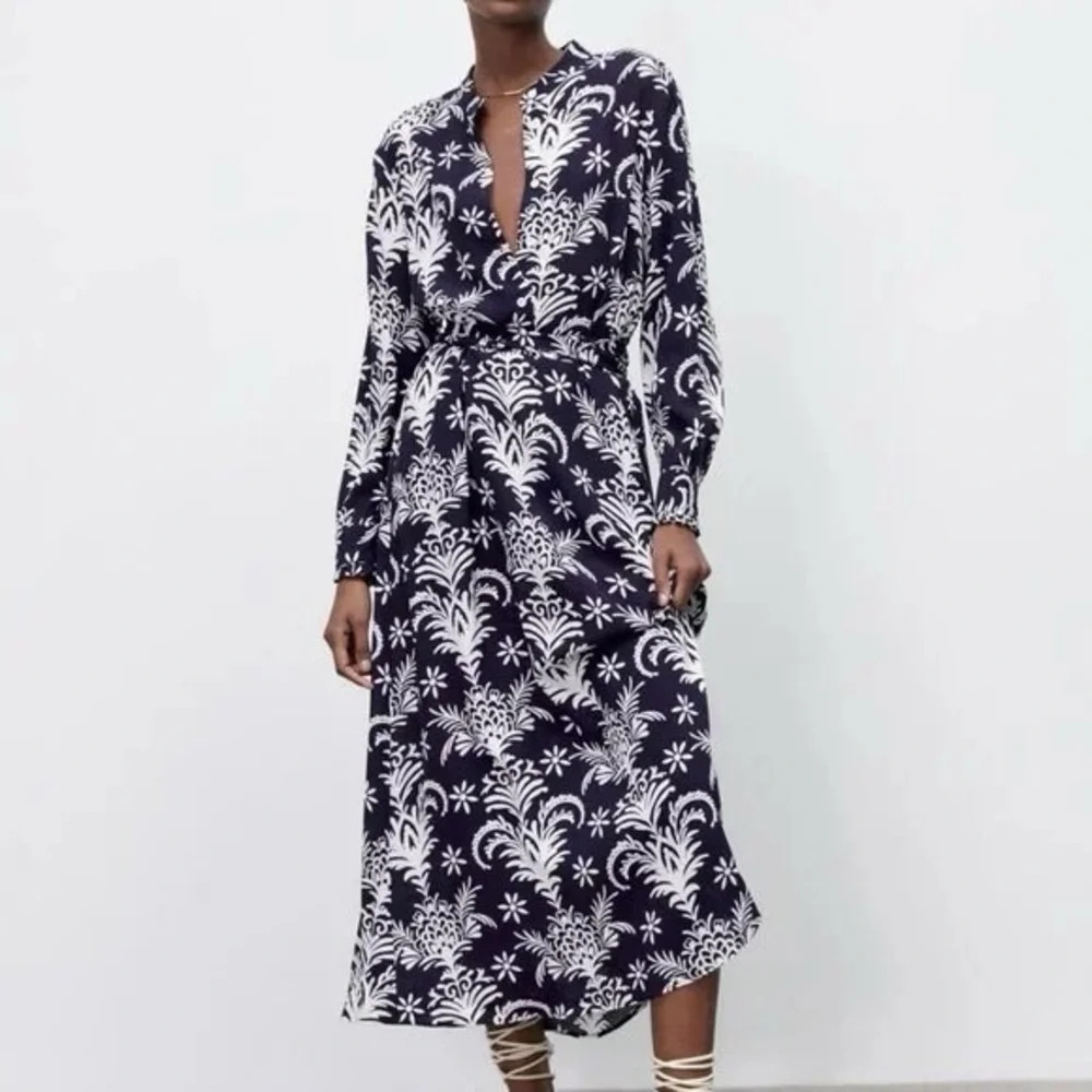Zara Belted Damask Print Maxi Shirt Dress/Navy and White, 16794